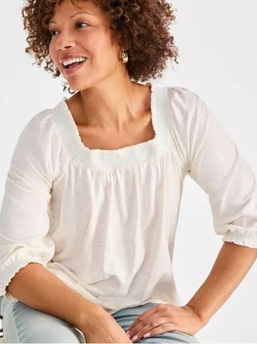 Style & Co. Cream Square-Neck Smocked Peasant Blouse